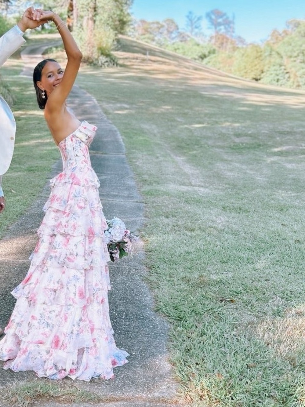 Strapless Pink Floral Ruffle Gown